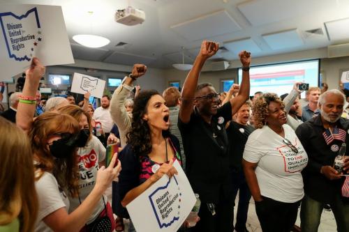 People celebrate the defeat of Issue 1, a Republican-backed measure that would have made it harder to amend the state constitution, an initiative aimed at helping defeat a November referendum that would protect abortion access in the state, after early results were announced during an election night party at the Columbus Fire Fighters Local 67 in Columbus, Ohio, U.S. August 8, 2023. Adam Cairns/USA Today Network via REUTERS.