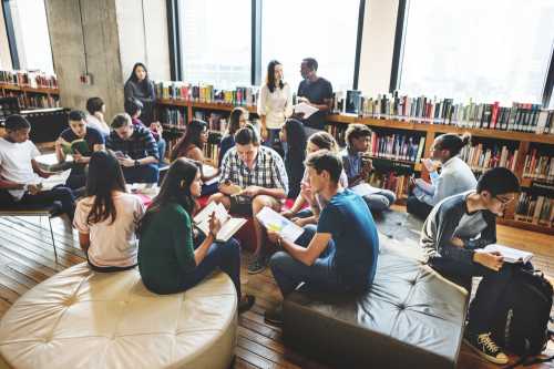 College students working in a library