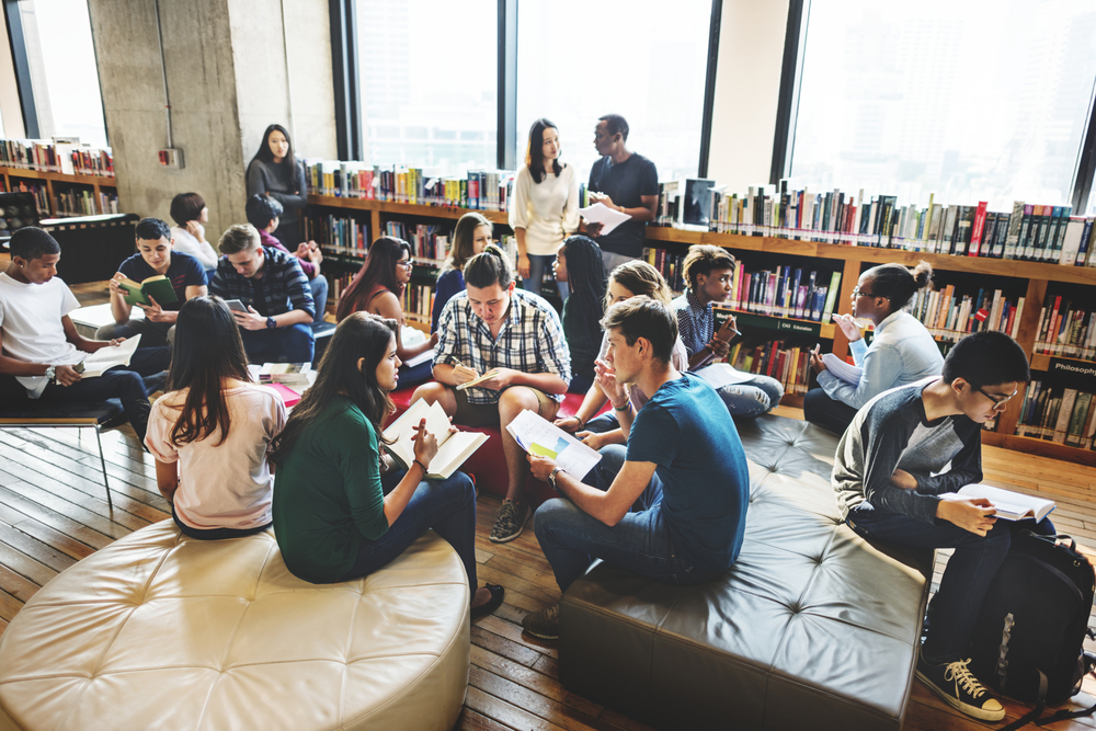 College students working in a library