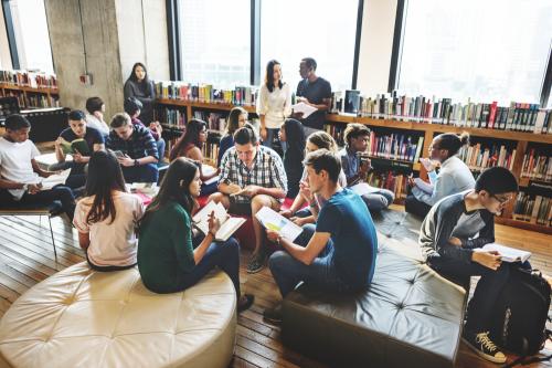 College students working in a library