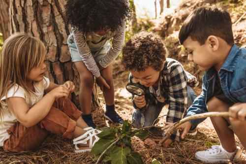 Preschool-age children examine leaves with a magnifying glass.