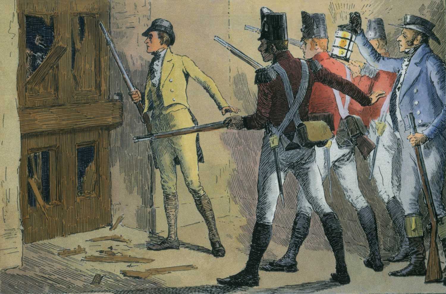 Luddites breaking down the door of a textile factory in England defended by its owners and troops Between 1811-1816 Engraving with modern watercolor.