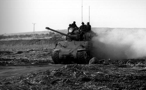 Israeli soldiers atop a US-made Super-Sherman tank on Syria's Golan Heights, a week after the beginning of the October War.