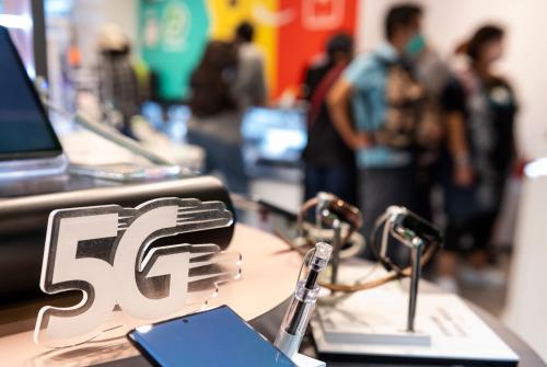 A smartphone store displays mobile phones brands carrying 5G network technology in Hong Kong.