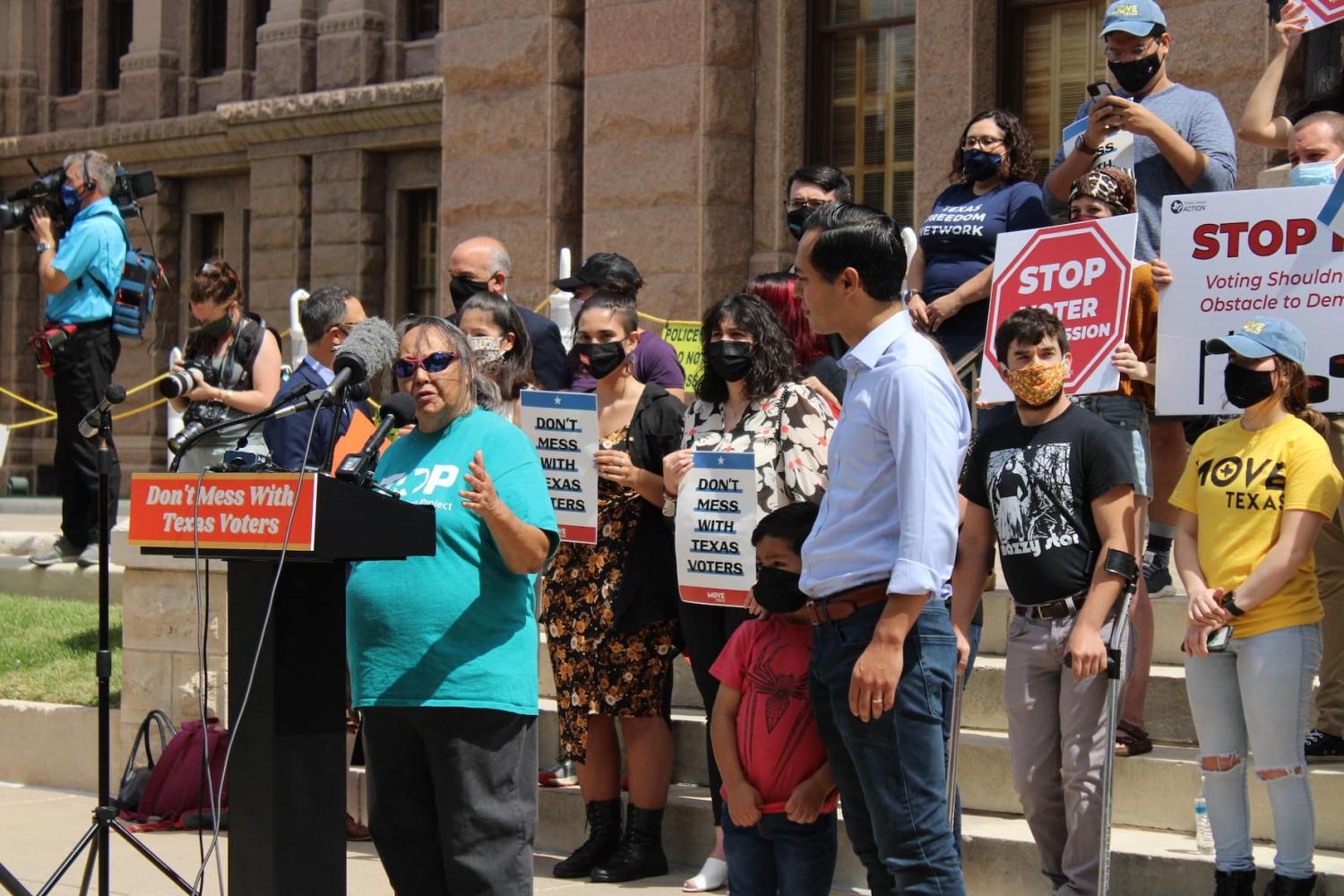 Rosie Castro addresses the rally for voting rights in front of the State Capital building in Austin, Texas, USA on May 8, 2021. Texans are coming together to protect the right to vote as restrictive anti-voter bills are making their way through the Texas Legislature. (Photo by Carlos Kosienski/Sipa USA)