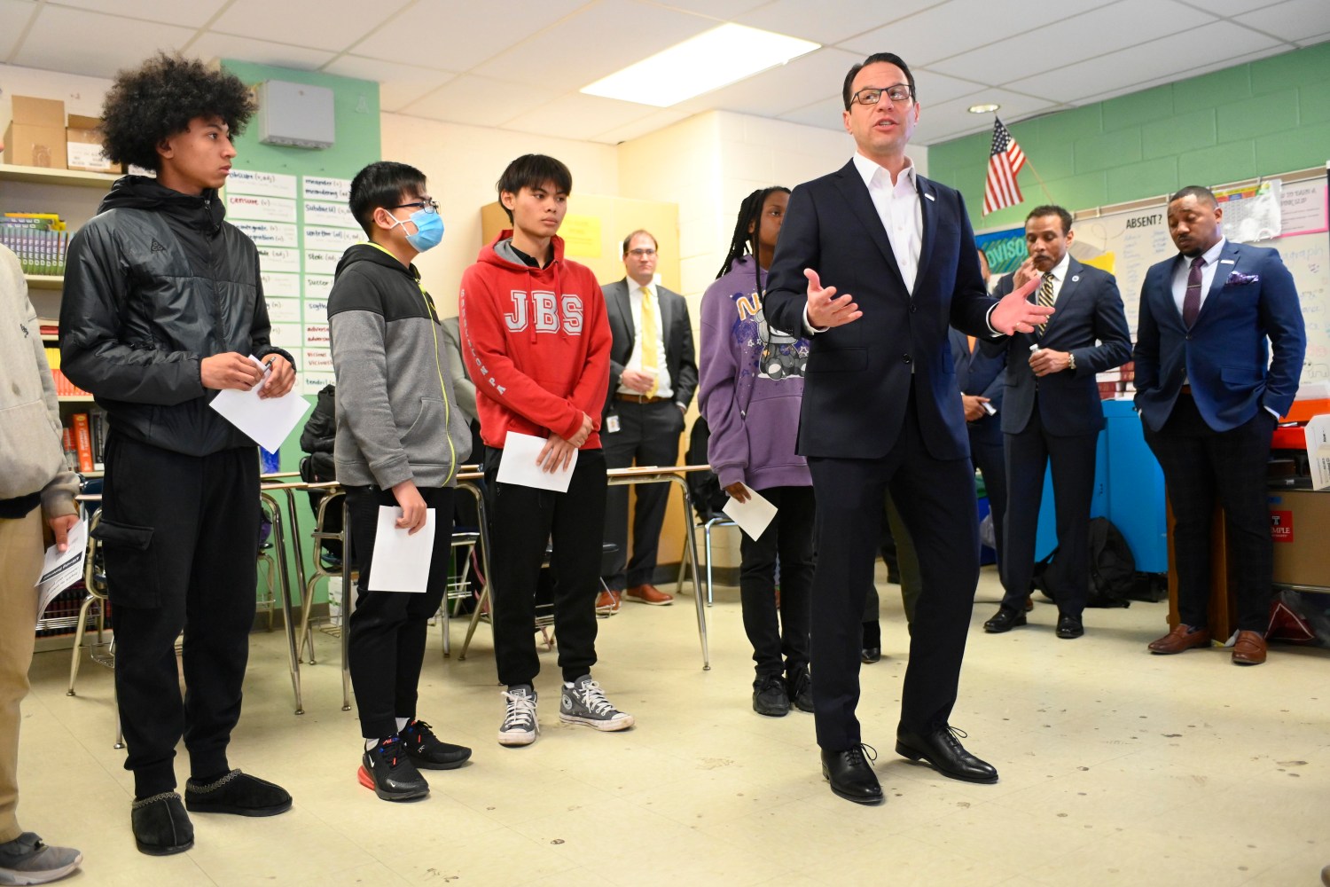 Pennsylvania Governor Josh Shapiro speaks to students in a classroom during a visit to G.W. Carver High School of Engineering and Science in North Philadelphia, PA, USA on March 15, 2023.
