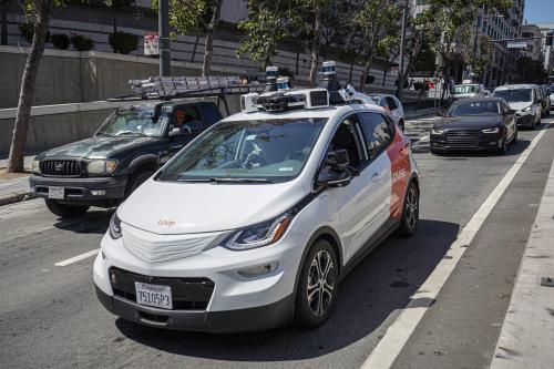 A driverless taxi operated by Cruise is seen on the road of San Francisco, California.
