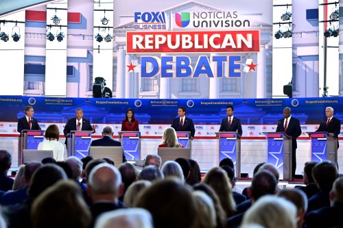Sep 27, 2023; Simi Valley, CA, USA; (From left) Republican candidates North Dakota Gov. Doug Burgum, former New Jersey Gov. Chris Christie, former South Carolina Gov. Nikki Haley, Florida Gov. Ron DeSantis, businessman Vivek Ramaswamy, South Carolina Sen. Tim Scott and former Vice President Mike Pence appear on stage during the FOX Business Republican presidential primary debate at the Ronald Reagan Presidential Library and Museum.