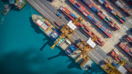 Cargo ship in a harbor.