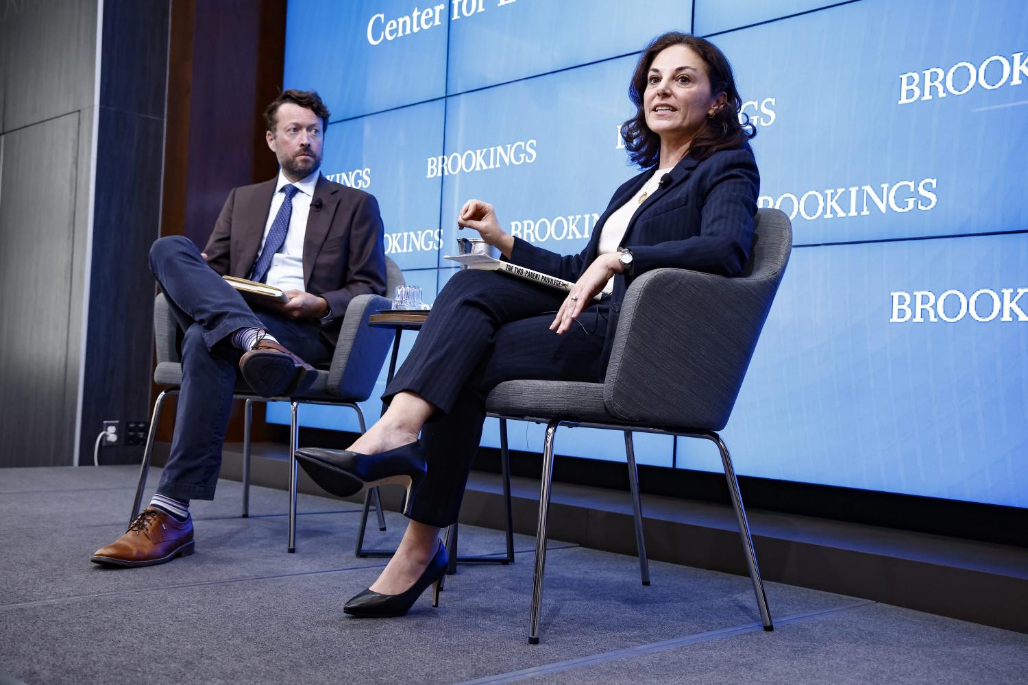 Melissa Kearney and Jim Tankserley at an event at Brookings