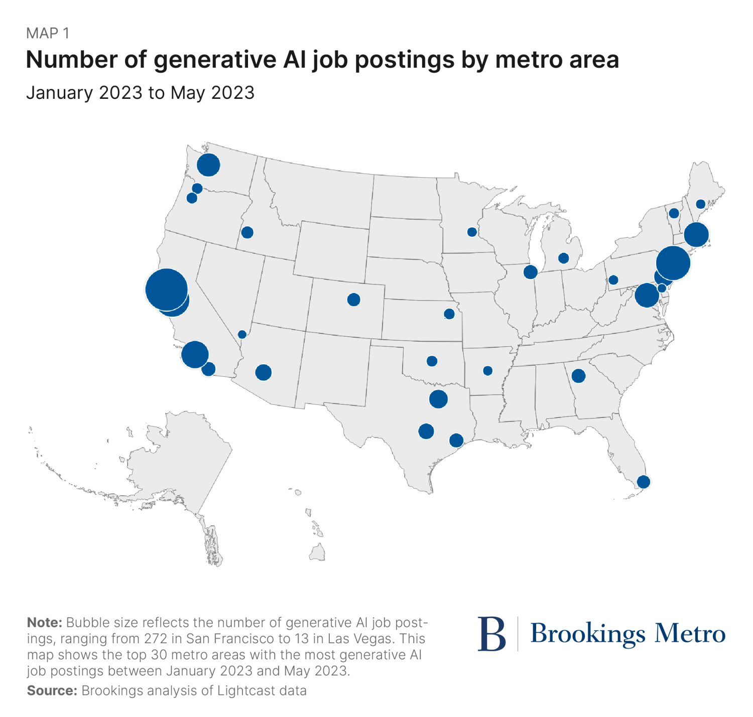 Map 1. Number of generative AI job postings by metro area. Jan 2023 to May 2023