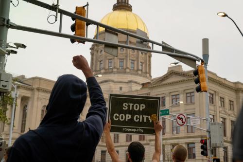 People protest agains the controversial "Cop City" project as the clear cutting of trees begins near Atlanta, Georgia, U.S., March 31, 2023. REUTERS/Cheney Orr/ File Photo