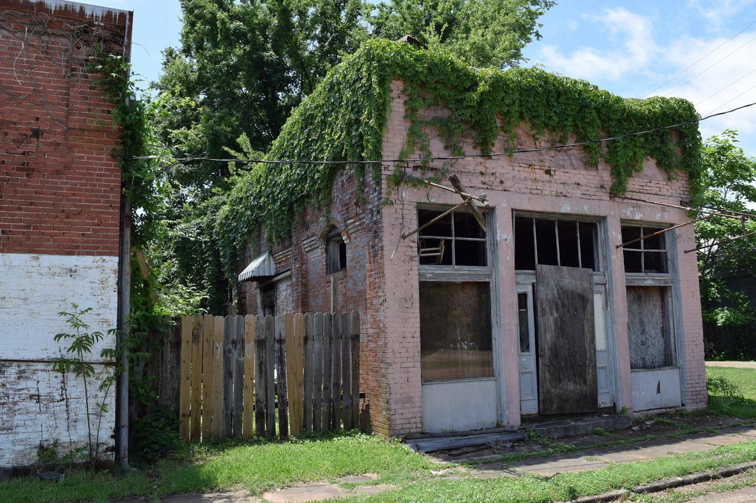 Abandoned pink brick building covered in vines, small town in rural south.