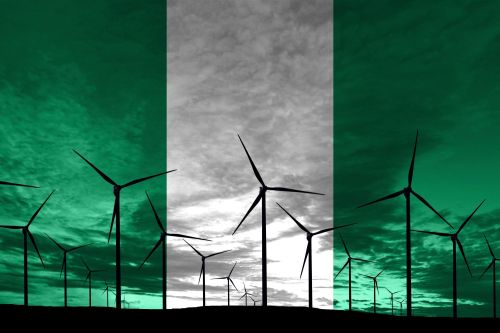 Nigerian flag overlayed with wind turbines