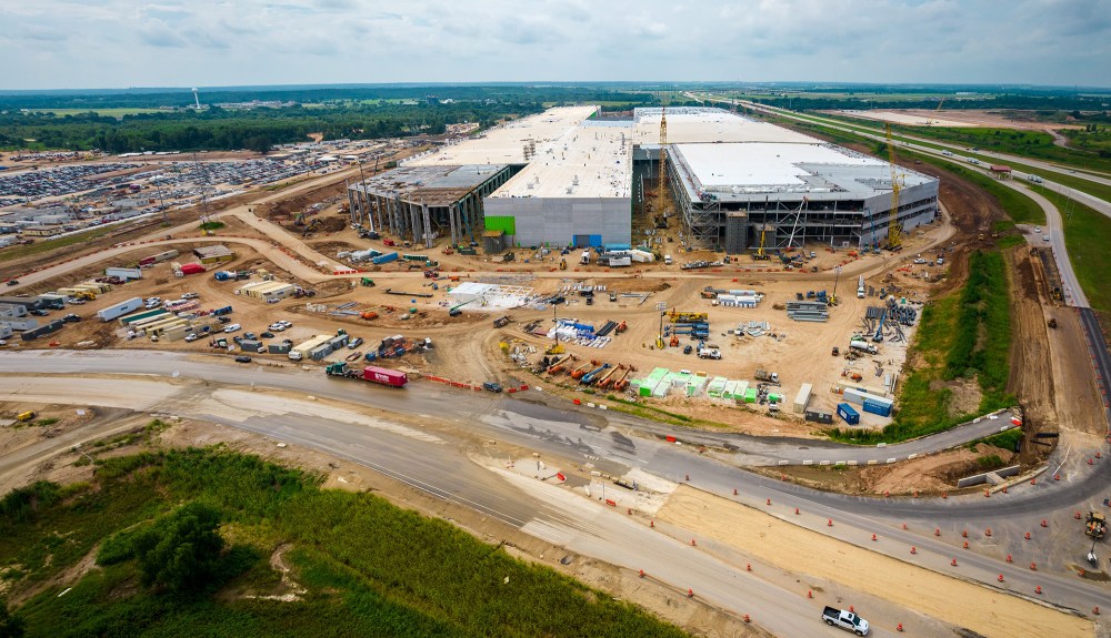Austin , Texas , USA - August 29th 2021: Tesla Gigafactory in Austin or GigaTexas aerial view showing progress of construction of the 4680 battery plant and Cybertruck factory