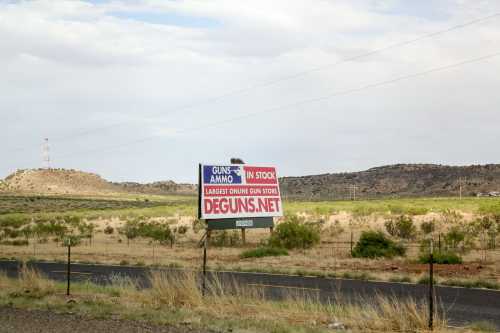 A sign advertising an online gun store is seen off I-40 in New Mexico USA on June 13, 2022. Hundreds of stores sell guns from big chains to small independent shops. In addition, there are dozens of gun shows that take place across the nation almost every weekend. (Photo by: Alexandra Buxbaum/Sipa USA)