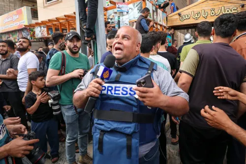 Palestinian journalists cover the conflict between Islamic Jihad movement and Israel in Gaza city in May 2023.