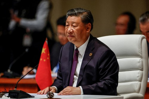 Chinese President Xi Jinping attends the plenary session of the 2023 BRICS Summit at the Sandton Convention Centre in Johannesburg, South Africa