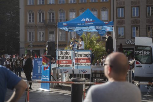 AfD election campaign event at the Marienplatz, the central square in Munich, Germany.