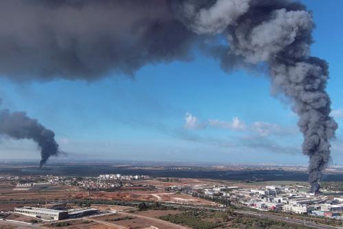 Smoke is seen in the Rehovot area as rockets are launched from the Gaza Strip, in Israel October 7, 2023. REUTERS/Ilan Rosenberg TPX IMAGES OF THE DAY