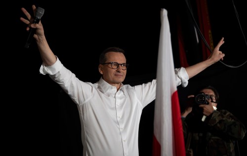 Prime Minister and Law and Justice member Mateusz Morawiecki is seen speaking to a crowd in Warsaw, Poland on 09 October, 2023