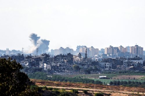 A view shows destroyed buildings in the Gaza Strip as seen from Israel's border with the Gaza Strip, in southern Israel October 18, 2023.