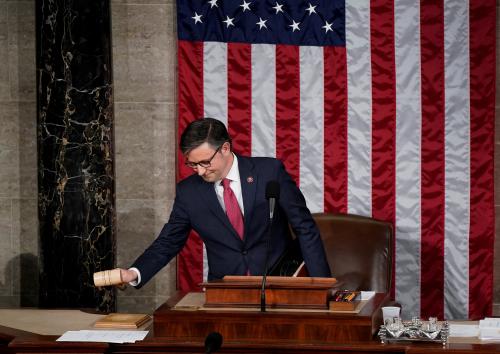 Newly elected Speaker of the House Mike Johnson (R-LA) picks up the Speaker's gavel to use it officially as Speaker for the first time, shortly after Johnson was elected to be the new Speaker at the U.S. Capitol in Washington, U.S., October 25, 2023.