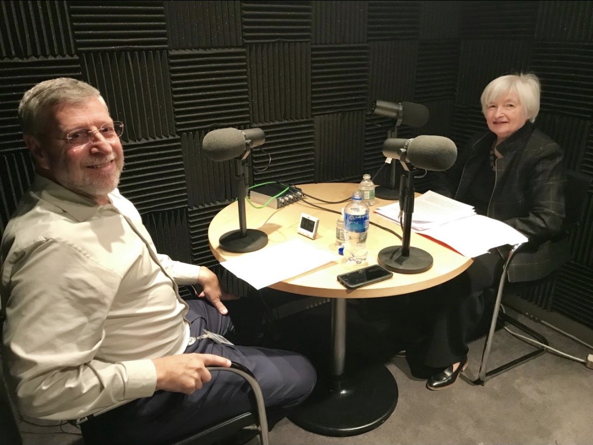 David Dollar in the podcast studio with Janet Yellen, prior to her appointment as chair of the Federal Reserve.