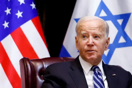 U.S. President Joe Biden meets with Israeli Prime Minister Benjamin Netanyahu (not pictured) and the Israeli war cabinet, as he visits Israel amid the ongoing conflict between Israel and Hamas, in Tel Aviv, Israel, October 18, 2023. REUTERS/Evelyn Hockstein