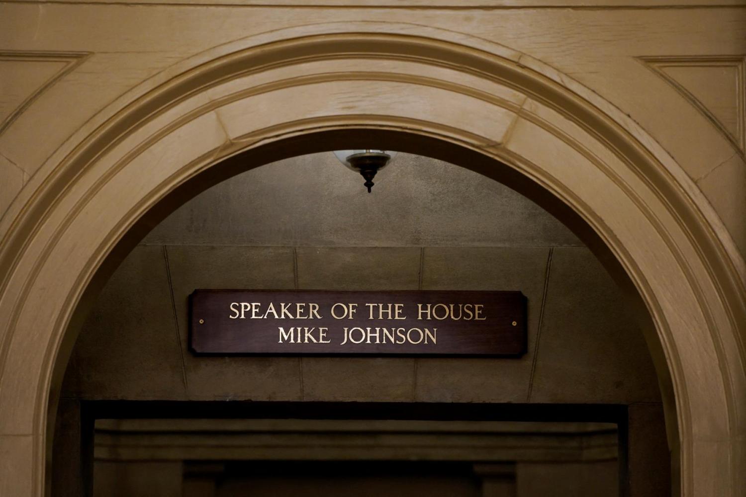 The name of newly elected Speaker of the House Mike Johnson (R-LA) is seen over the House Speaker's office door in the U.S. Capitol in Washington, U.S. October 25, 2023. REUTERS/Elizabeth Frantz