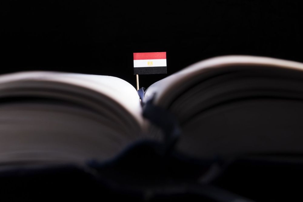 Open book with an Egyptian flag sticking out of it