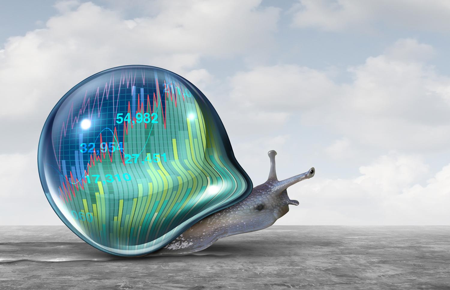 Illustration of a snail with economic performance charts laid over its shell