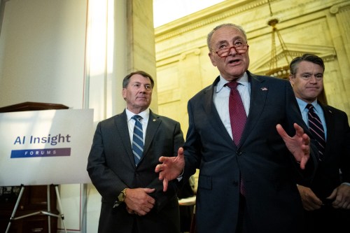 Senator Chuck Schumer (D-N.Y.), the Senate Majority Leader, speaks to media with Senator Mike Rounds (R-S.D.) and Senator Todd Young (R-IN) after the Senate Artificial Intelligence Insight Forum, at the U.S. Capitol, in Washington, D.C., on Tuesday, October 24, 2023. (Graeme Sloan/Sipa USA)No Use Germany.