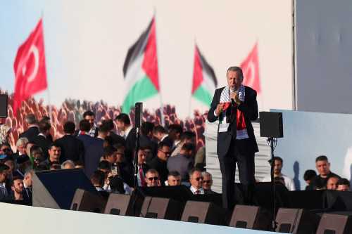 Turkish President Tayyip Erdogan speaks during a rally in solidarity with Palestinians in Gaza, amid the ongoing Israeli-Palestinian conflict, in Istanbul, Turkey October 28, 2023.