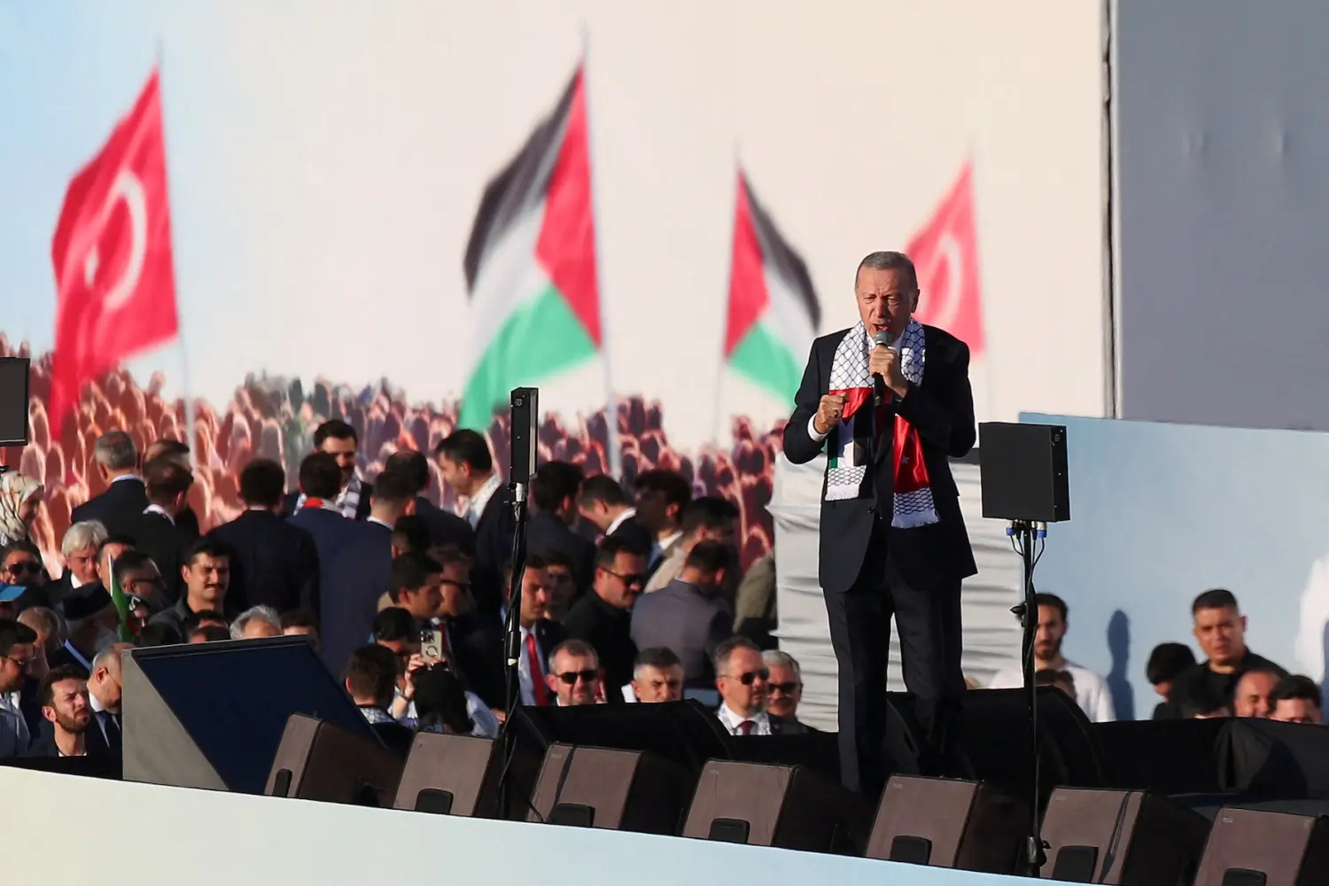 Turkish President Tayyip Erdogan speaks during a rally in solidarity with Palestinians in Gaza, amid the ongoing Israeli-Palestinian conflict, in Istanbul, Turkey October 28, 2023.