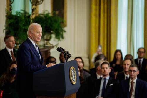 President Joe Biden speaks during an event on Artificial Intelligence in the East Room at the White House on October 30, 2023, in Washington, DC.