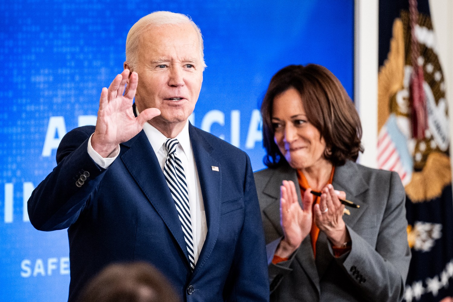 President Joe Biden and Vice President Kamala Harris at an event where the president signed an Executive Order regarding Artificial Intelligence (AI) at the White House in Washington, DC. (Photo by Michael Brochstein/Sipa USA/REUTERS)
