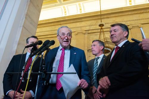 United States Senate Majority Leader Chuck Schumer (Democrat of New York) after the Senate AI Insight Forum in the Russell Senate Office Building on Wednesday, November 1, 2023.