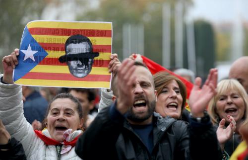 Demonstrators protest in front of the Congress Palace of Deputies, in Madrid, where the election of Pedro Sánchez, the new president of the government, was held, Madrid, Spain. November 16th, 2023. Cesar Luis de Luca/dpa via Reuters Connect
