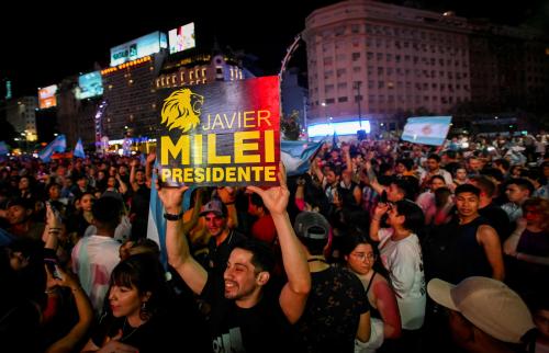 Argentine president-elect Javier Milei's supporters celebrate after Milei wins the runoff presidential election, in Buenos Aires, Argentina, November 19, 2023. REUTERS/Mariana Nedelcu