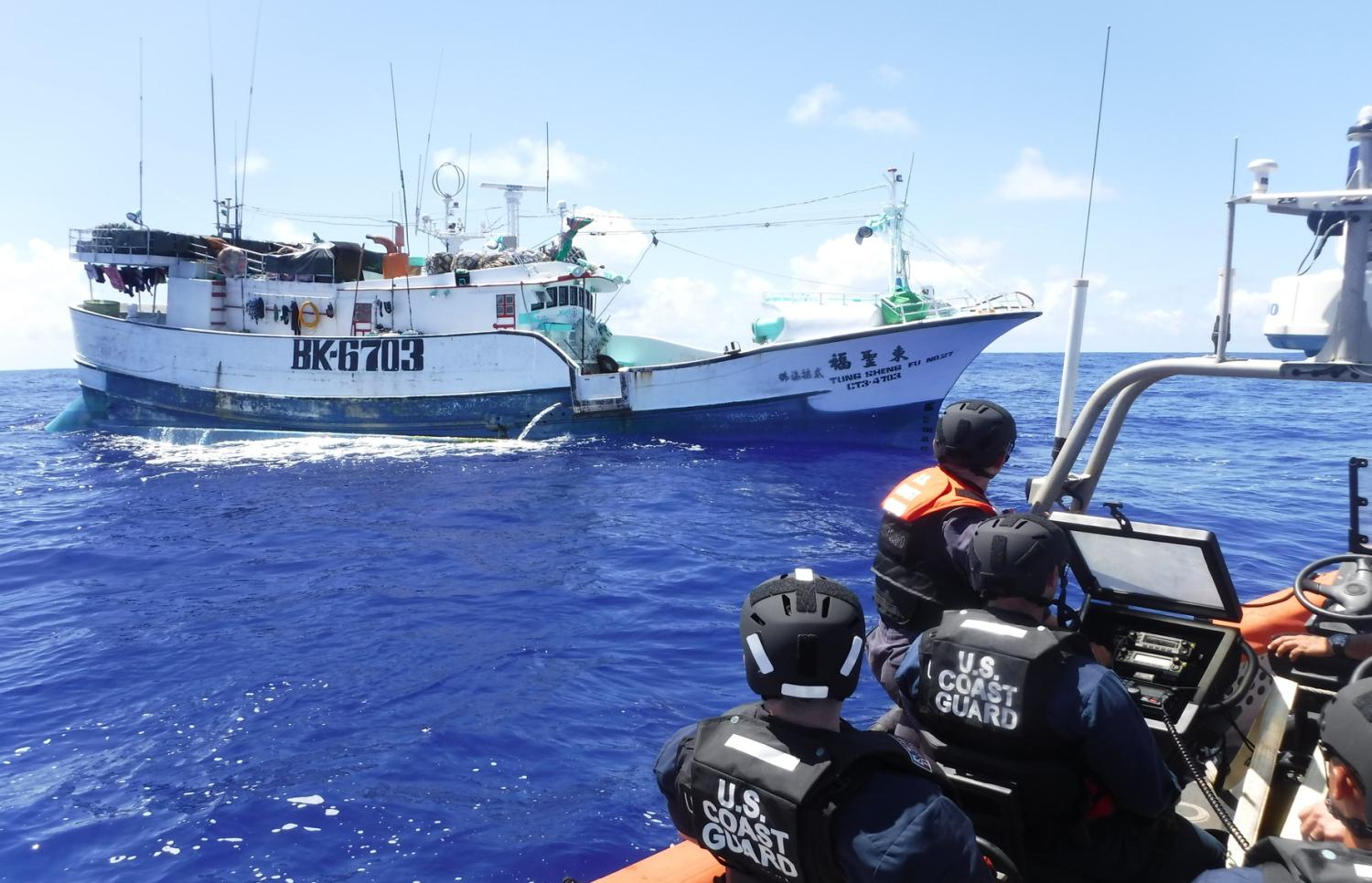A boarding team from the United States Coast Guard Cutter Sequoia (WLB 215) approaches a Taiwanese fishing vessel in the Pacific Ocean, March 13, 2020. The crew undertook a fisheries patrol as part of joint efforts for Operation Rai Balang under the Forum Fisheries Agency. (U.S. Coast Guard photo by USCGC Sequoia/Released)