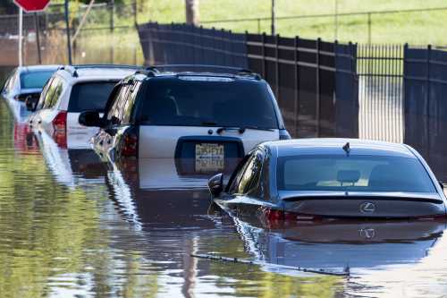 Parked cars submerged underwater in the aftermath of Hurricane Ida. New Brunswick, New Jersey - September 2, 2021