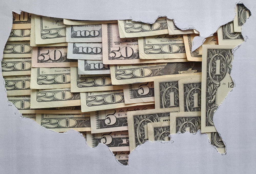 Map of the U.S. made of dollar bills