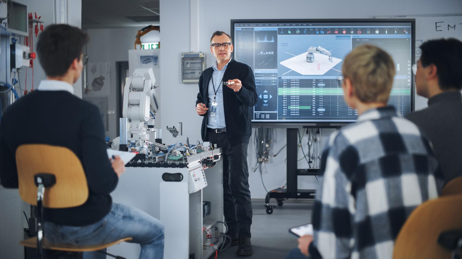 Students in a robotics classroom.