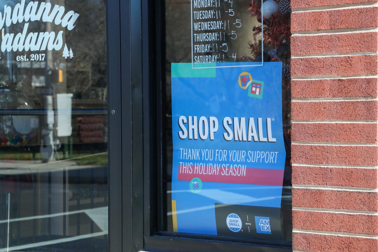 A Shop Small sign is seen in the window of the Jordanna Adams clothing store during the 14th annual Small Business Saturday on November 25, 2023 in Milton, Pennsylvania. (Photo by Paul Weaver/Sipa USA)No Use Germany.