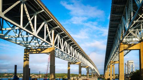 Gold Star Memorial Bridges in New London, Connecticut. Two highway bridges in diminishing perspective, low angle view.