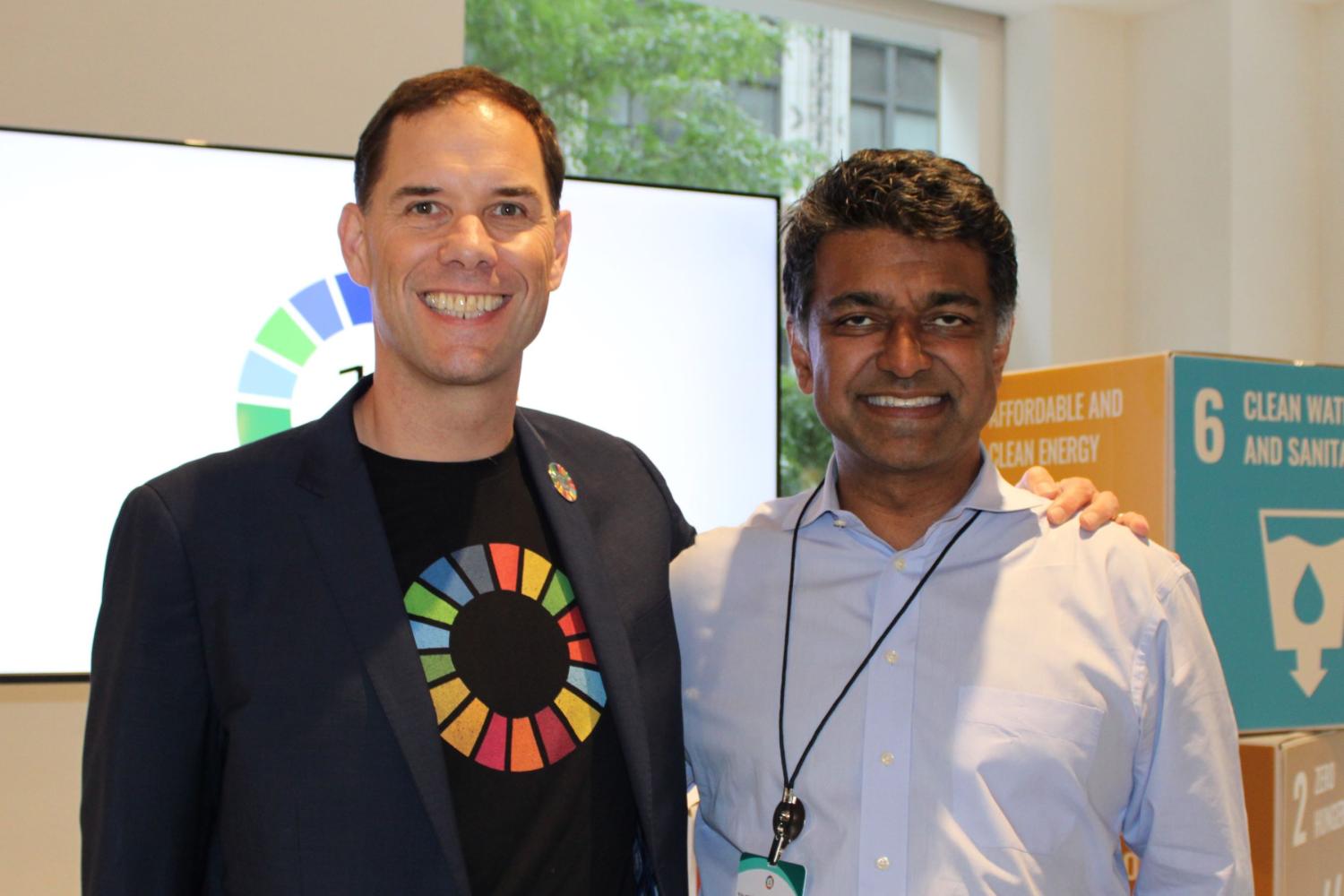 17 Rooms co-chairs, John McArthur (left) and Zia Khan (right) during the September community gathering. Photo by Ralph Alswang (on behalf of The Rockefeller Foundation).