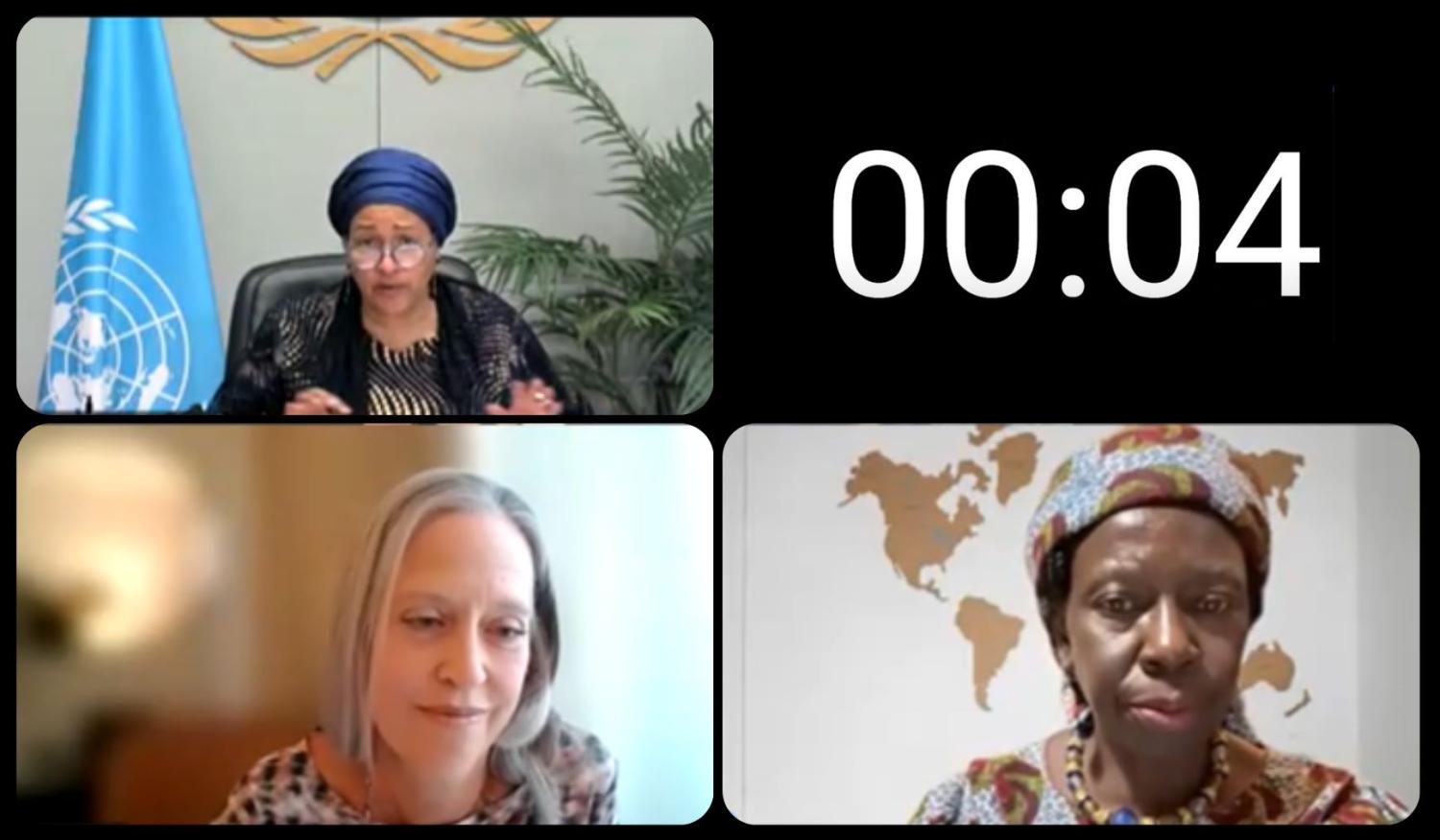 The U.N. DSG (top left) responds to Room 17’s proposal to increase investment in collective leadership presented by Room 17 co-leads Wendy Kopp (bottom left), Chief Executive Officer and Co-founder, Teach For All, and Musimbi Kanyoro (bottom right), Board Chair of United World Colleges and Former President and Chief Executive Officer, Global Fund for Women.