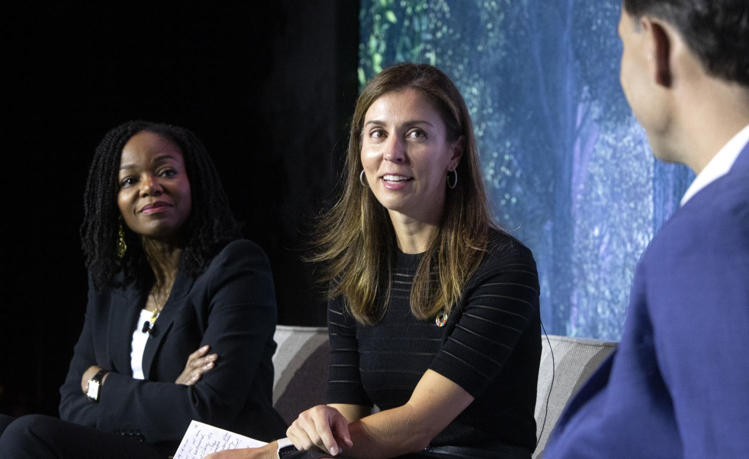 Current and past flagship Room co-leads Minister Cina Lawson of Togo (left) and Kristen Leanderson Abrams of the McCain Institute (center) reflect on their experiences advancing shared action through 17 Rooms. Photo courtesy of U.N. Office for Partnerships/Pier Paolo Cito.