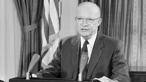 President Eisenhower at the podium delivering his final speech, 1961